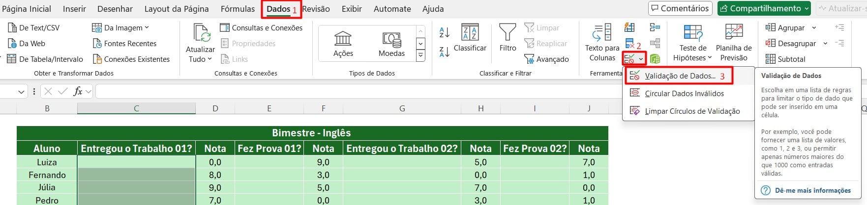 Opções de SIM ou NÃO no Excel