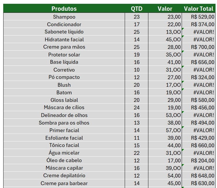 Resultado da Multiplicação com o Erro #VALOR no Excel