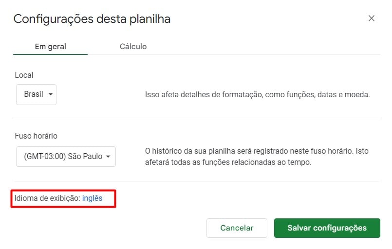 Alterando o Idioma no Google Sheets