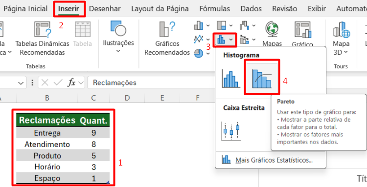 Inserindo o Gráfico de Pareto no Excel