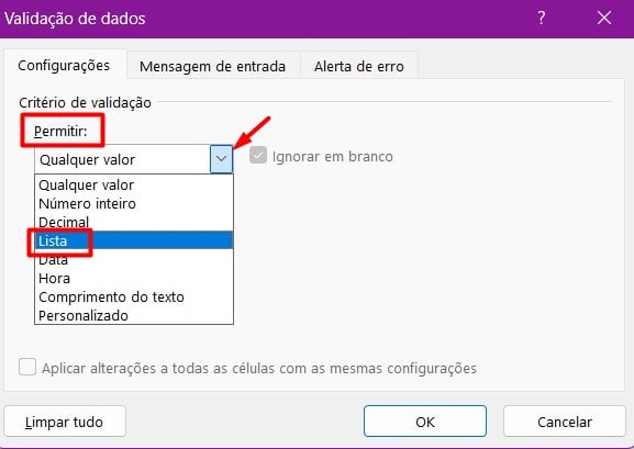 Opções de SIM ou NÃO no Excel