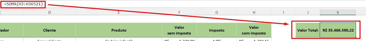 Resultado da Função Soma Usando Atalho do Excel