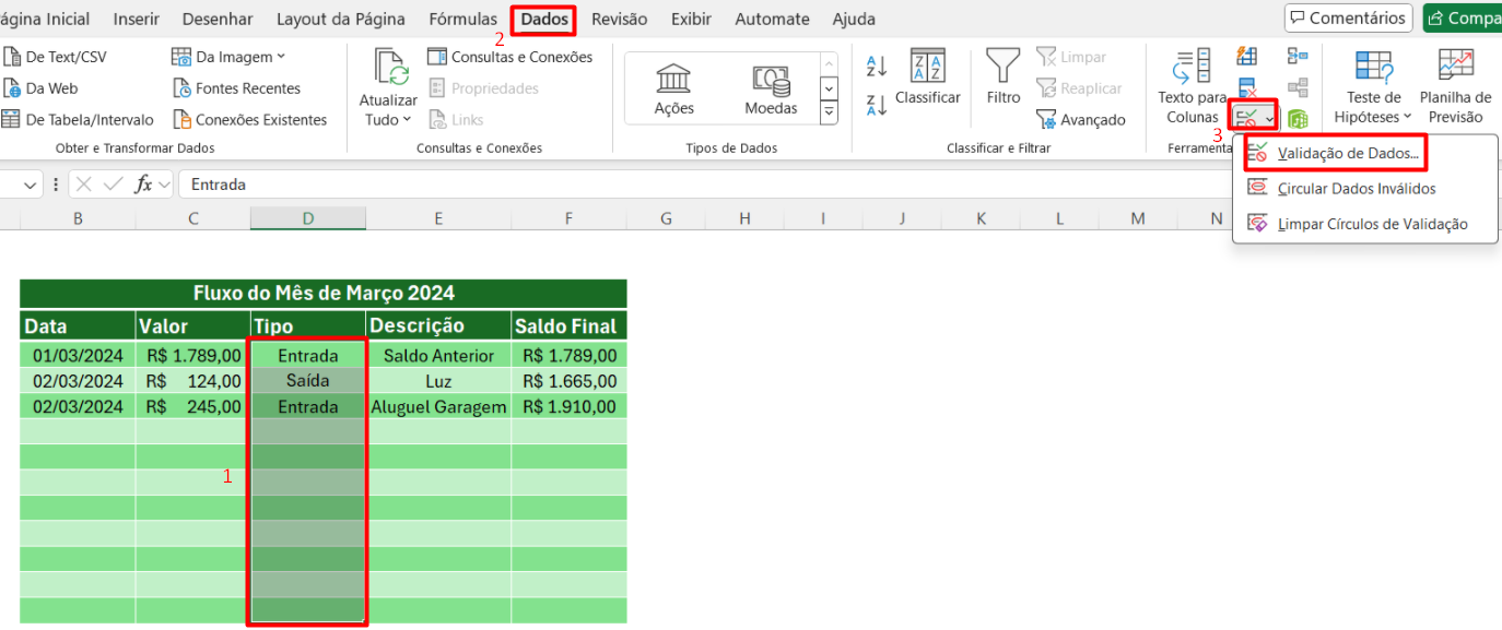 Aplicação da Validação de Dados no Livro Caixa do Excel