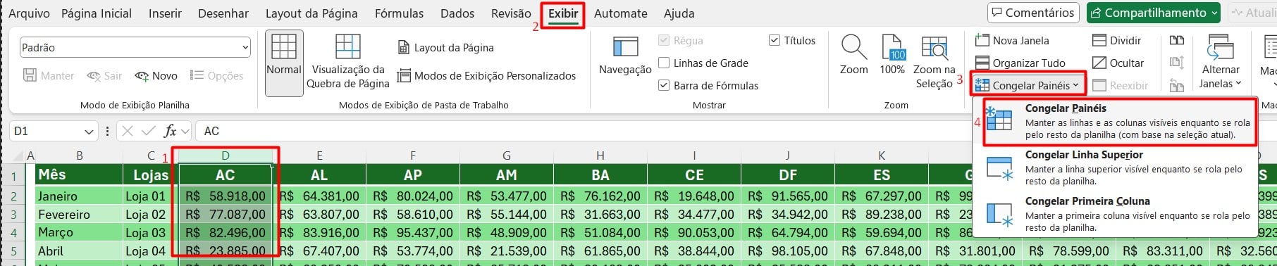 Opção de Congelar Painéis