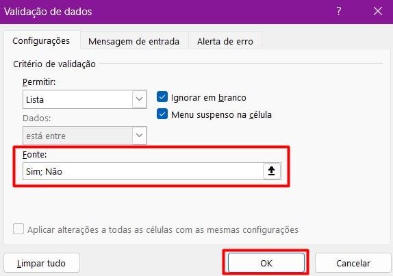 Opções de SIM ou NÃO no Excel