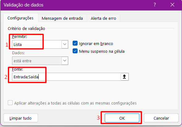 Aplicação da Validação de Dados no Livro Caixa do Excel