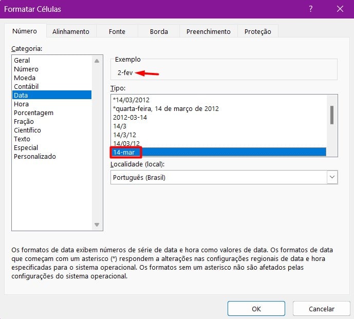 Alterando o formato da data no Excel para 14-mar