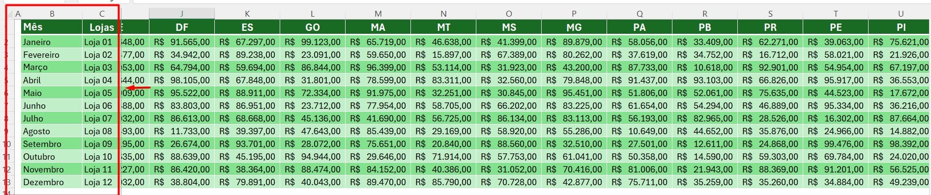 Resultado de Congelamento no Excel.