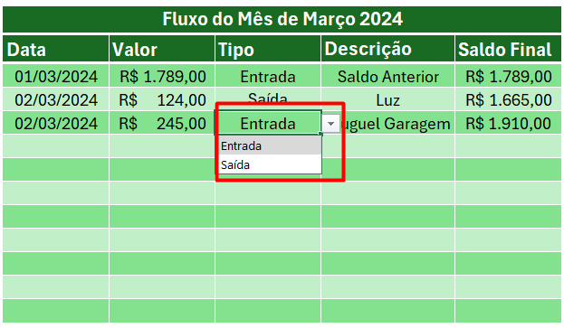 Resultado da Aplicação da Validação de Dados no Livro Caixa do Excel