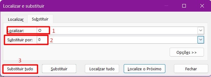Janela Localizar e substituir os valores para corrigir o Erro #VALOR! no Excel