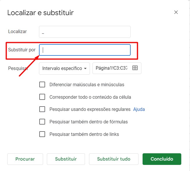 Opção de Substituição na Janela de Localizar e Substituir