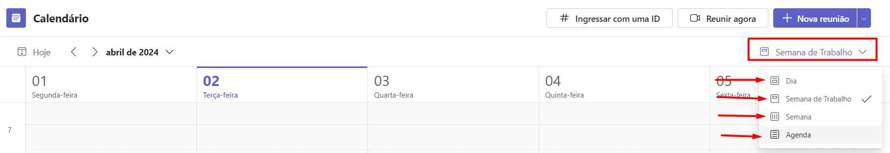 Organização do Calendário do Teams