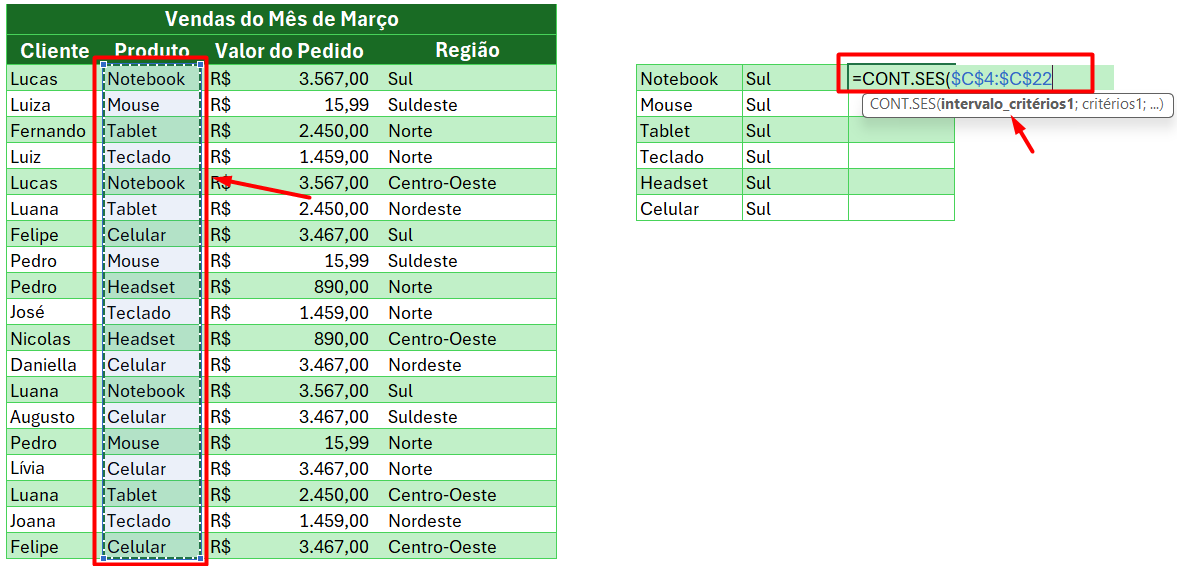 Aplicação da Função CONT.SES - Contar Quantas Vezes Aparece uma Palavra no Excel