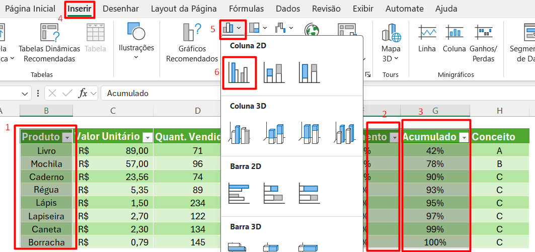 Inserindo Gráfico de Curva ABC no Excel