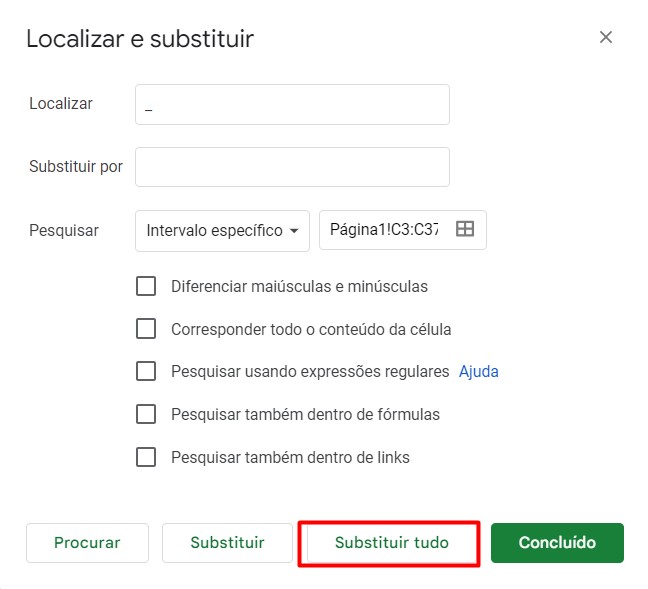 Janela de Opção de Localizar e Substituir 