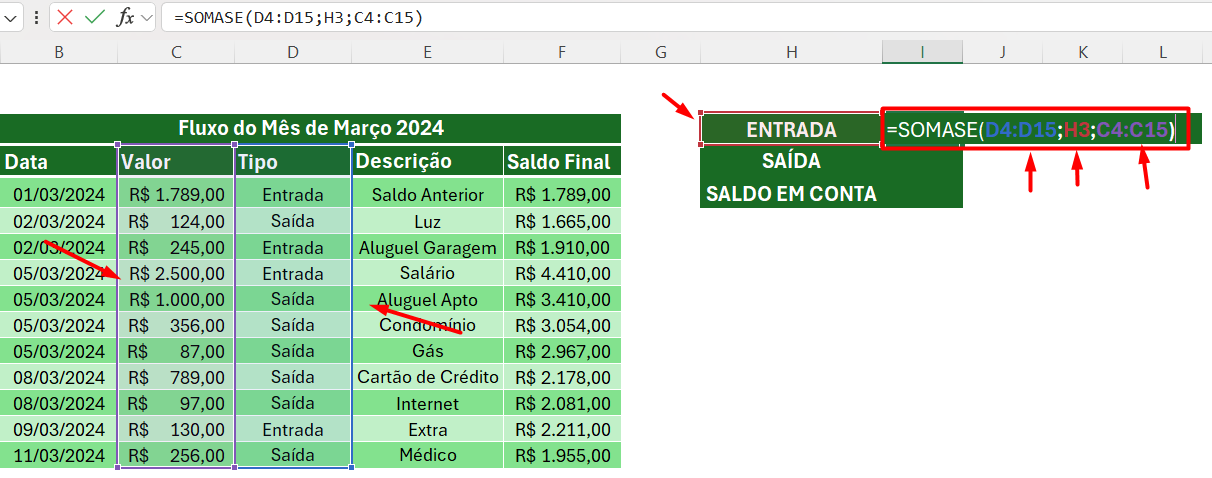 Uso da Função SOMASE no Fluxo de Caixa do Excel