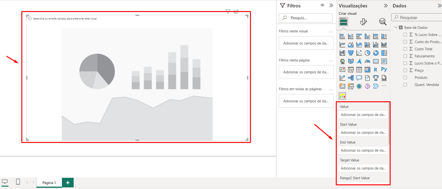 Menus do Gráfico de Velocímetro no Power BI