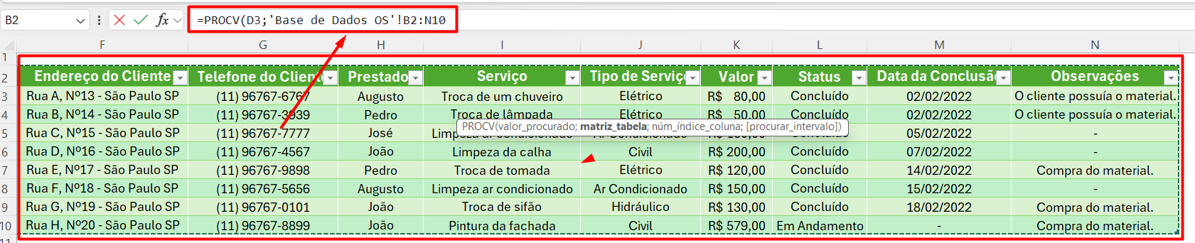 Aplicação da Função PROCV na Ordem de Serviço