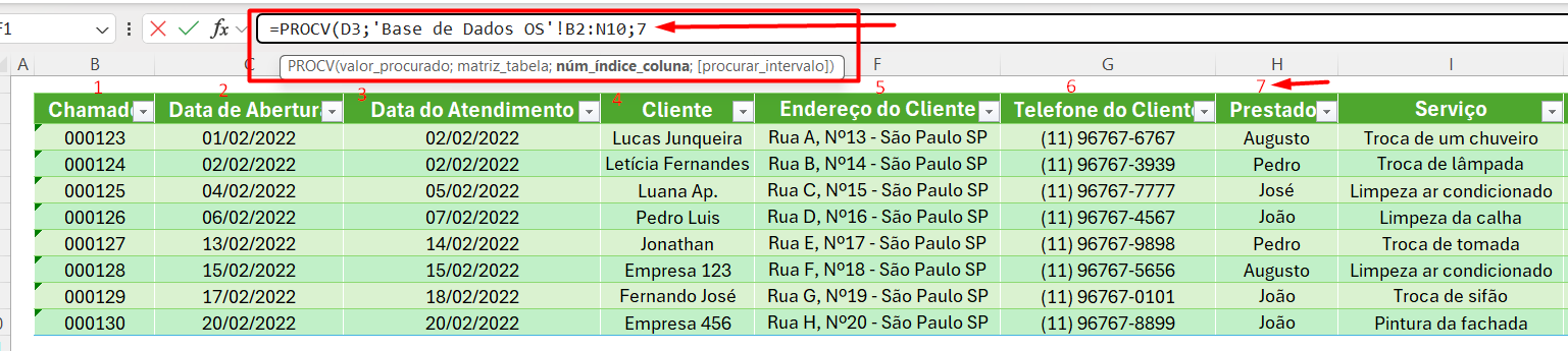 Aplicação da Função PROCV na Ordem de Serviço