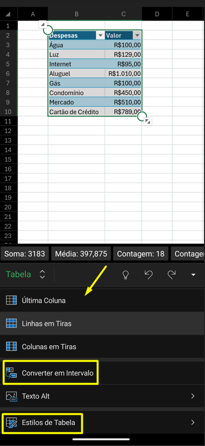 Alterando estilo da tabela de Excel no celular