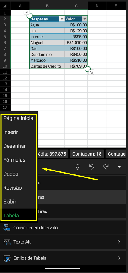 Trabalhando com a planilha no dispositivo móvel