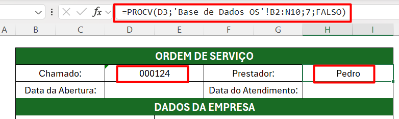 Resultado da Aplicação de PROCV na Ordem de Serviço