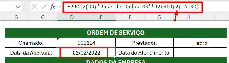 Aplicação da Função PROCV na Ordem de Serviço