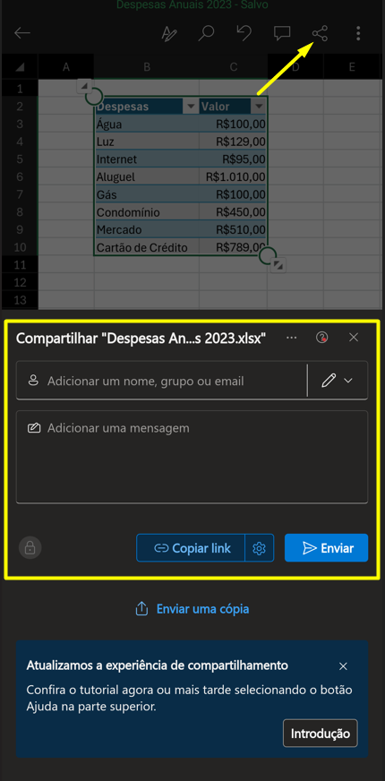 Trabalhando com a planilha no dispositivo móvel