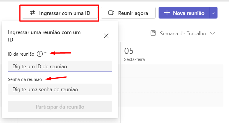 Ingressar em Reuniões no Calendário do Teams