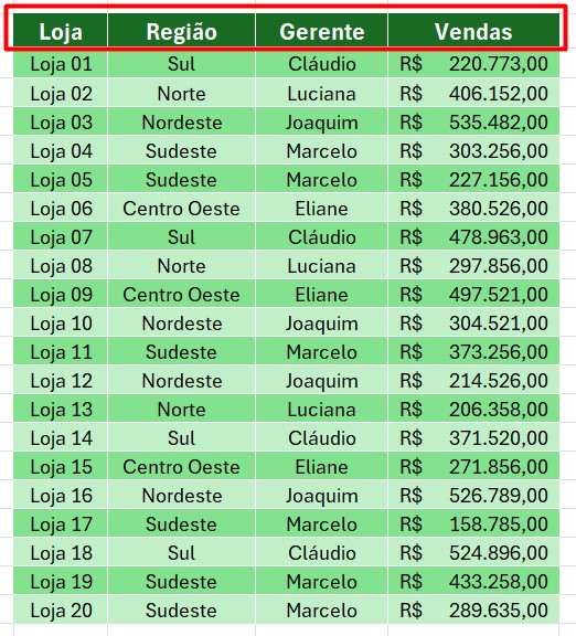 Base de Dados com as Vendas por Regiões no Excel