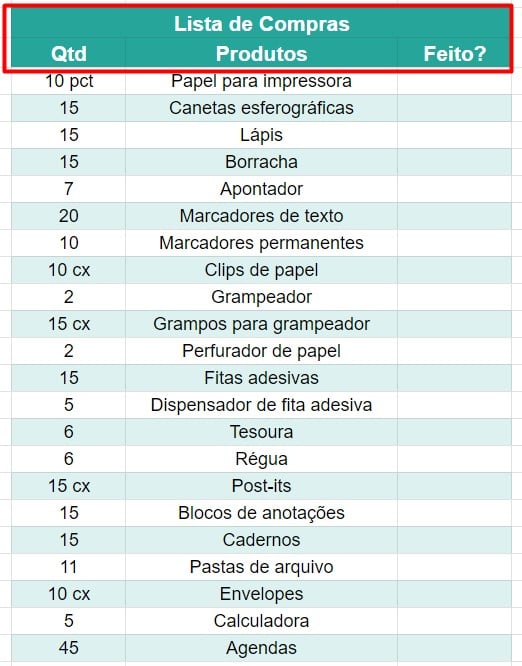 Lista de Compras Realizadas no Google Planilhas