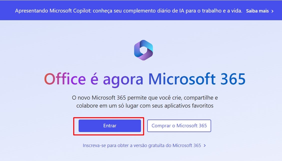 Tela para Fazer o Login na Microsoft 365