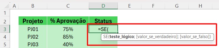 Aplicação da Função SE no Excel