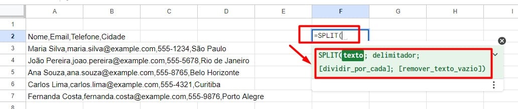 Aplicação da Função SPLIT no Google Planilhas