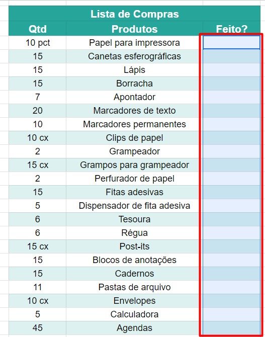 Criando um Checklist , coluna de inserção das caixas de seleção no Google Planilhas.