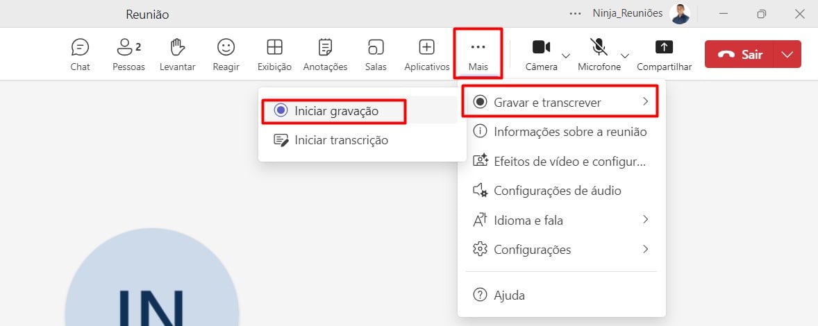 Iniciado a Gravação Dentro de Uma Reunião no Teams