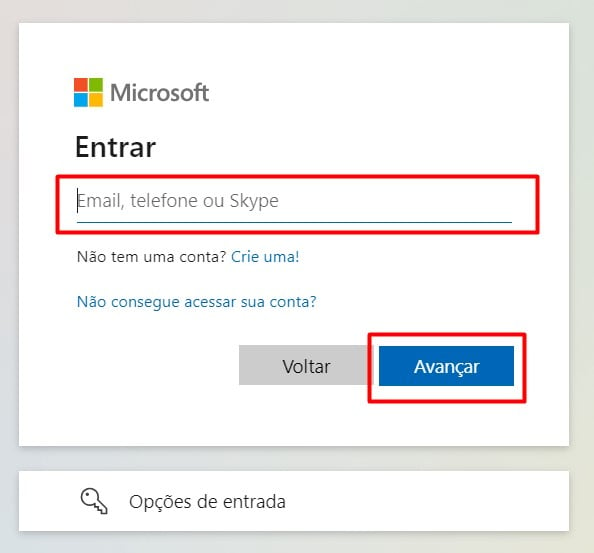 Tela para Fazer o Login na Microsoft 365