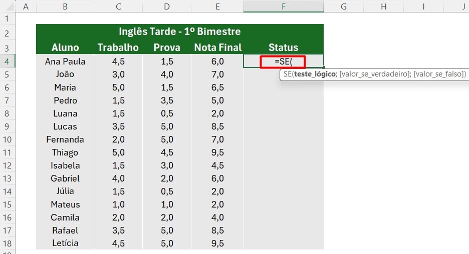 Usando a Função SE para Classificar Aprovado e Reprovado no Excel