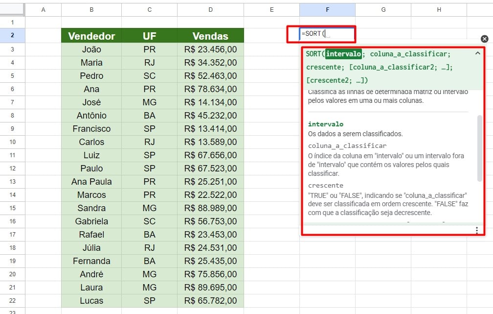 Usando a Função SORT do Google Sheets