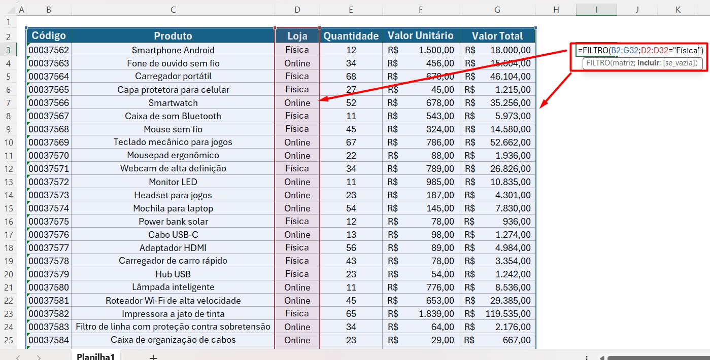 Aplicação da Função FILTRO no Excel