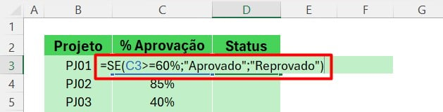 Aplicação da Função SE no Excel