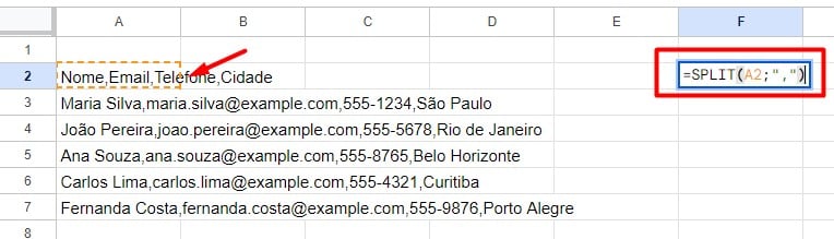 Aplicação da Função SPLIT no Google Planilhas