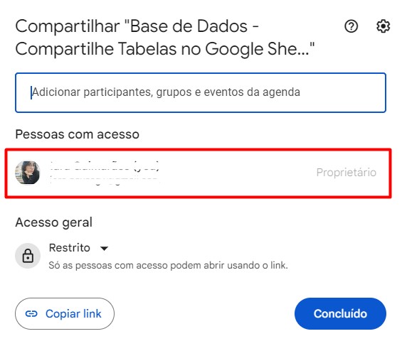 Onde pegar o link de compartilhamento e controle de uso.