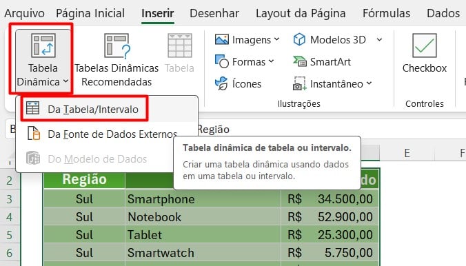 Inserindo Tabela Dinâmica da Tabela / Intervalo no Excel