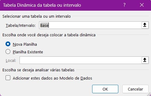 Configurando a Janela da Tabela Dinâmica da tabela ou intervalo.