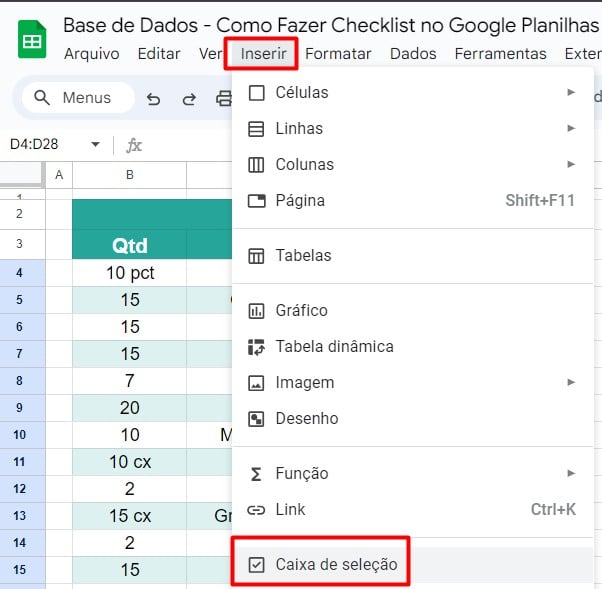 Inserindo caixas de seleção no Google Sheets.