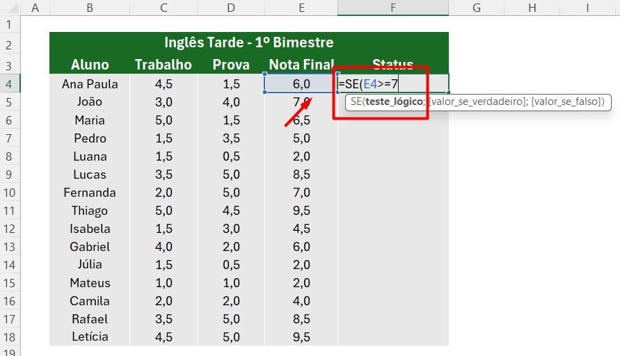 Usando a Função SE para Classificar Aprovado e Reprovado no Excel