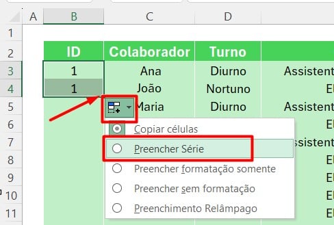 Uso do preencher série para criar sequencia.