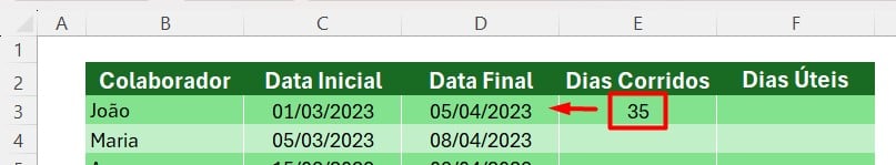 Utilizando a Subtração Entre Datas para Saber os Dias Corridos no Excel