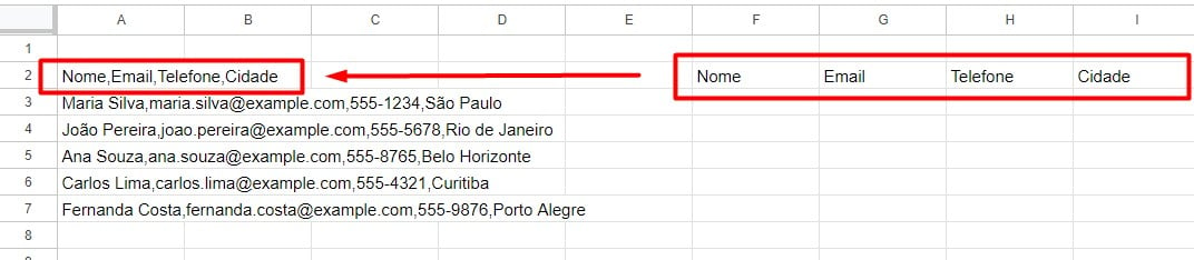 Separar Texto em Colunas no Google Sheets